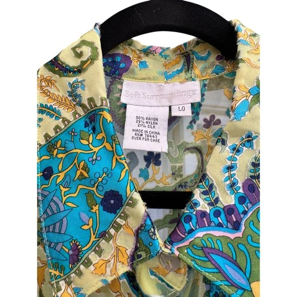 Soft Surroundings Green & Blue Floral Print Long Sleeve Button-Down Shirt Size L - Picture 2 of 16